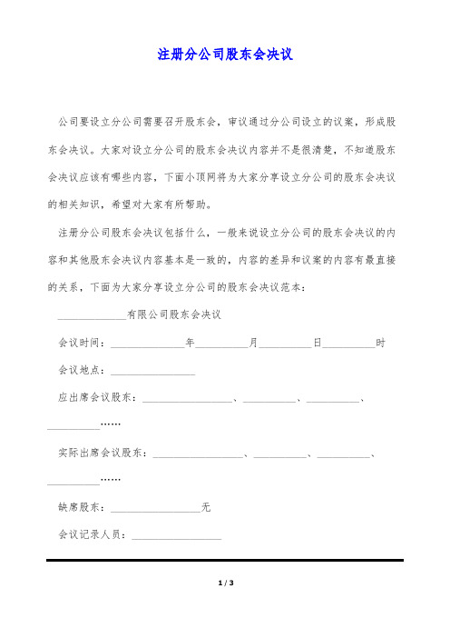 注册分公司股东会决议(标准版)