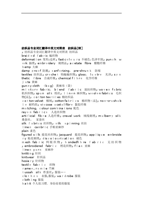 纺织品专业词汇翻译中英文对照