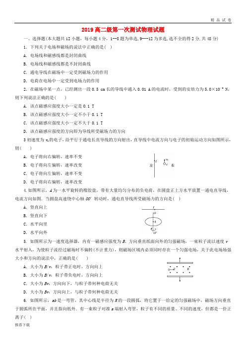 [精品]2019学年高二物理上学期第一次月考试题(无答案)新人教版新版