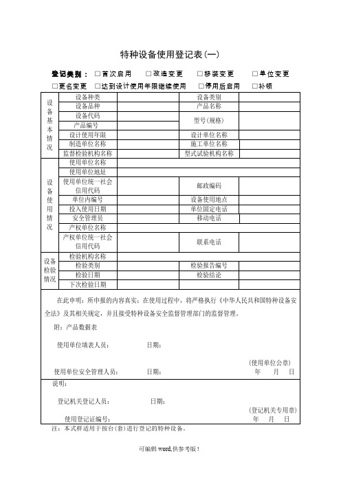 特种设备使用登记表