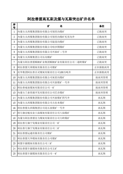 阿拉善盟有突出危险矿井名单