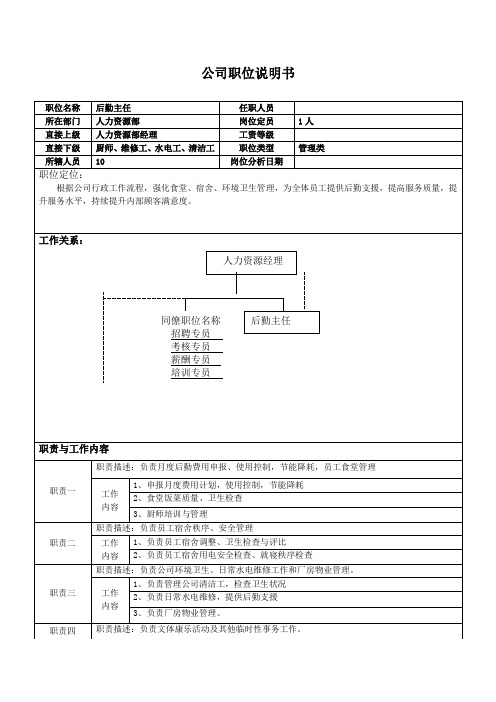 后勤主任职位说明书