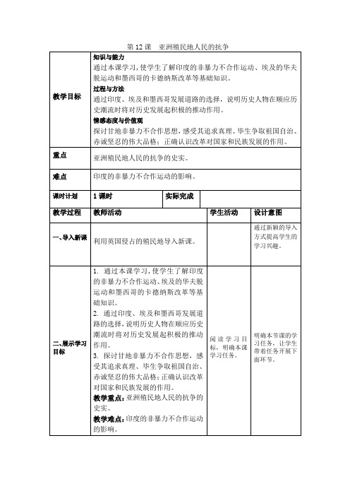 人教部编版九年级历史下册第12课 亚洲殖民地人民的抗争 精品教案