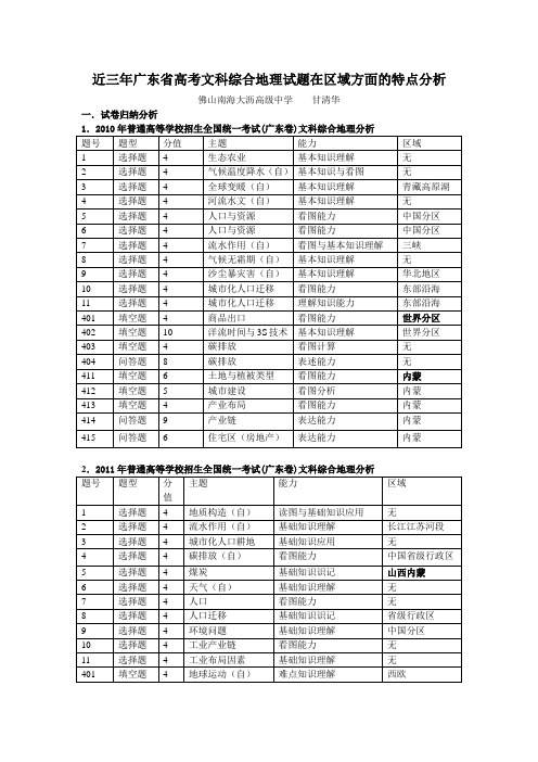 2010--2012年近三年高考广东文综卷地理分析