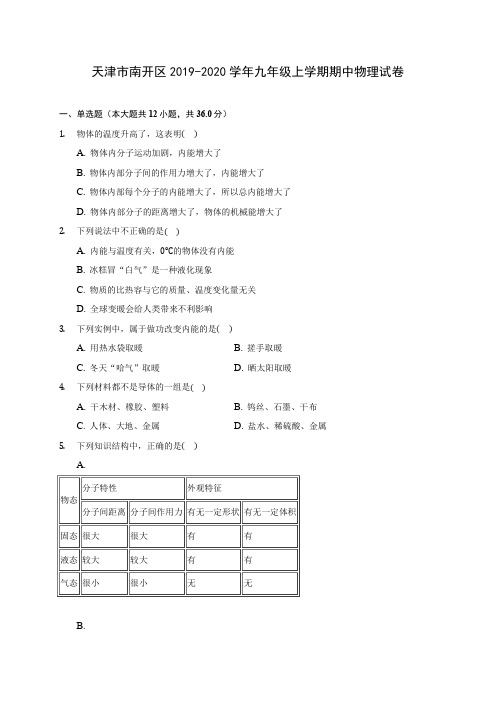 天津市南开区2019-2020学年九年级上学期期中物理试卷 (有解析)