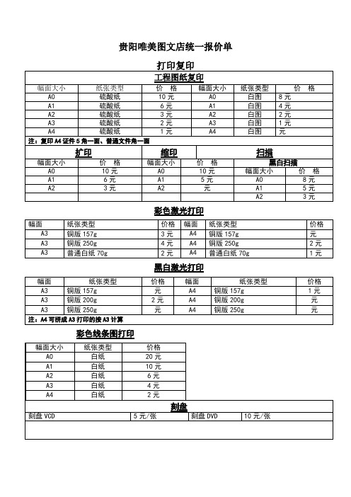 唯美图文店统一报价单