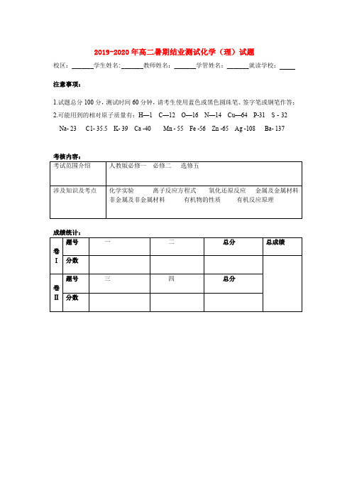 2019-2020年高二暑期结业测试化学(理)试题