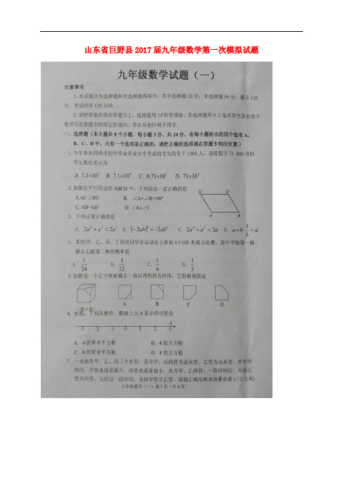 山东省巨野县九年级数学第一次模拟试题(扫描版)