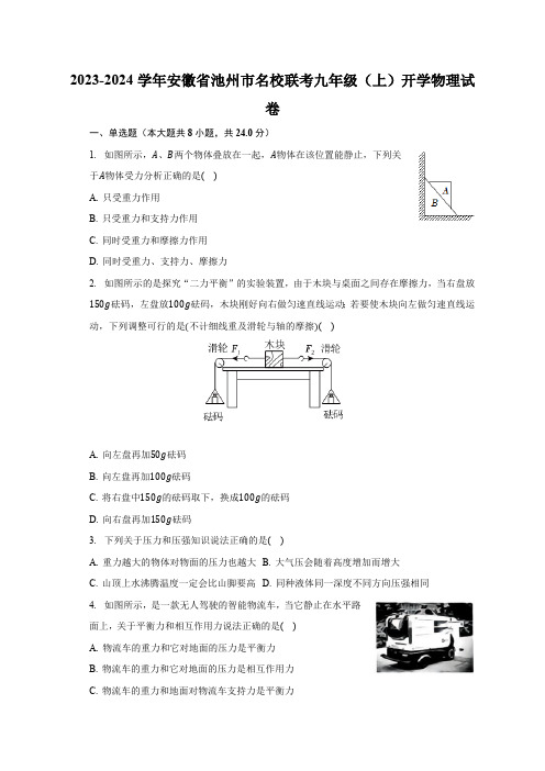 安徽省池州市名校联考2023-2024学年九年级上学期开学物理试卷(含答案)