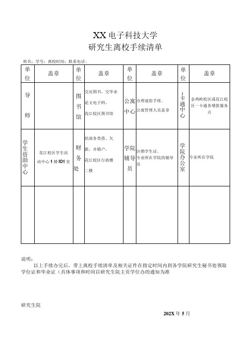 XX电子科技大学研究生离校手续清单