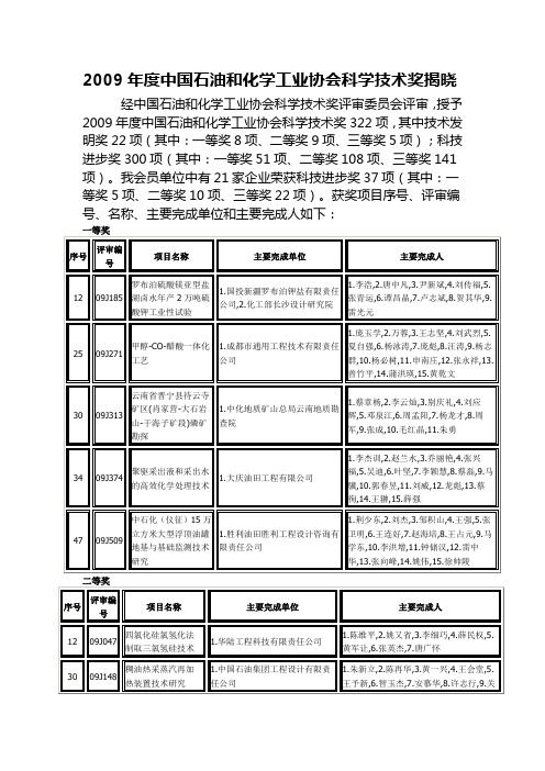 2009年度中国石油和化学工业协会科学技术奖揭晓