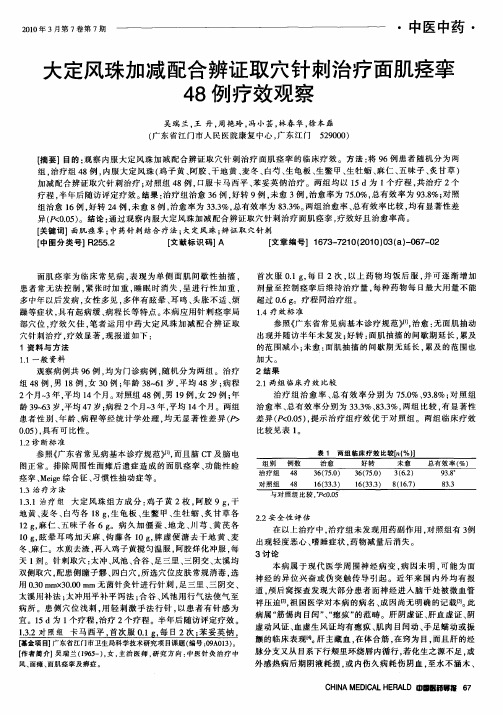 大定风珠加减配合辨证取穴针刺治疗面肌痉挛48例疗效观察