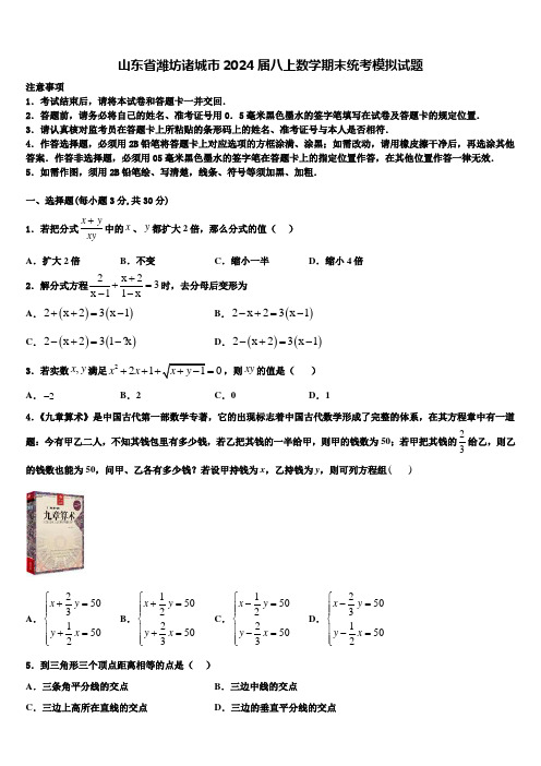 山东省潍坊诸城市2024届八上数学期末统考模拟试题含解析