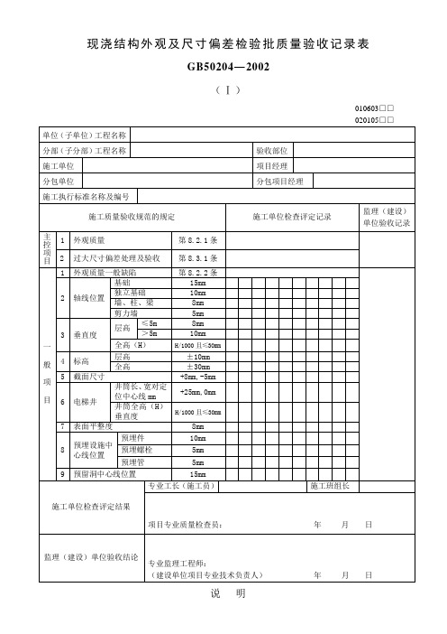 现浇结构外观及尺寸偏差检验批质量验收记录表