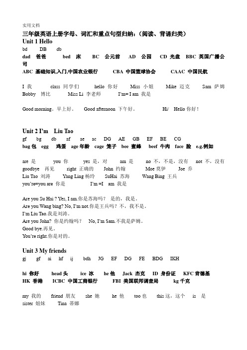 译林版三上英语三年级上册字母单词专用语背诵默写