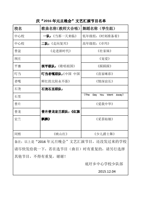 庆“2016年元旦晚会”文艺汇演节目名单