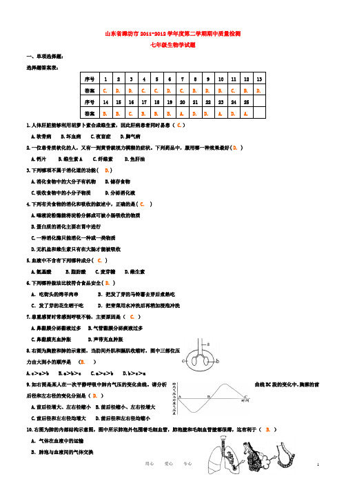 山东省潍坊市2011-2012学年度七年级下学期期中质量检测学试题_济南版