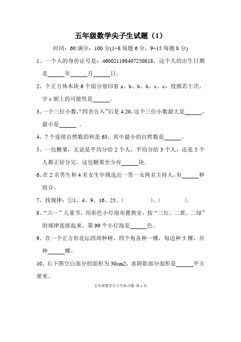 五年级数学尖子生试题(1)