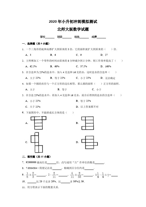 北师大版数学小升初测试题含答案解析