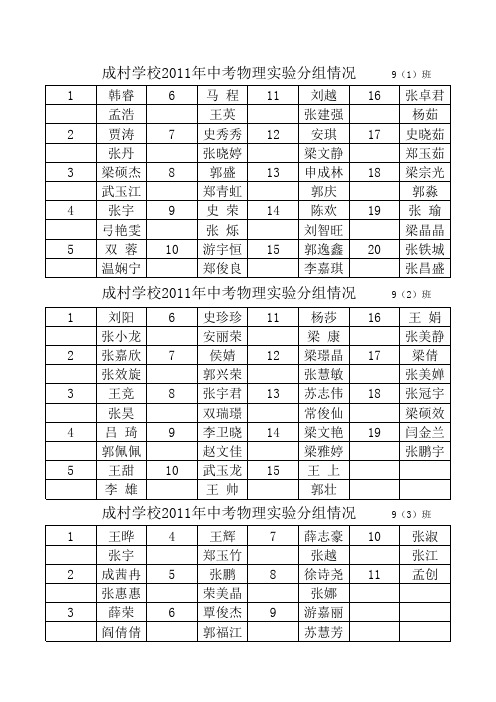 成村学校2011年中考实验分组情况