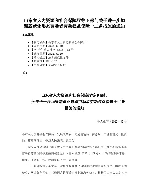 山东省人力资源和社会保障厅等9部门关于进一步加强新就业形态劳动者劳动权益保障十二条措施的通知