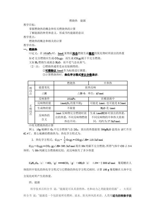 《燃烧热能源》教案4(人教版选修4)