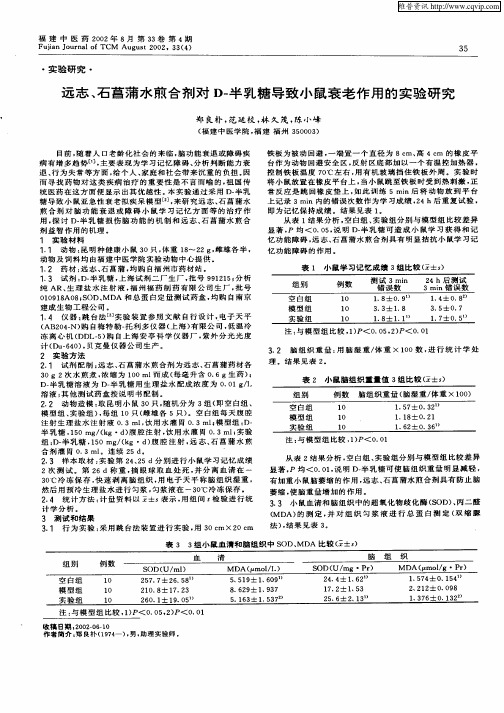 远志、石菖蒲水煎合剂对D—半乳糖导致小鼠衰老作用的实验研究