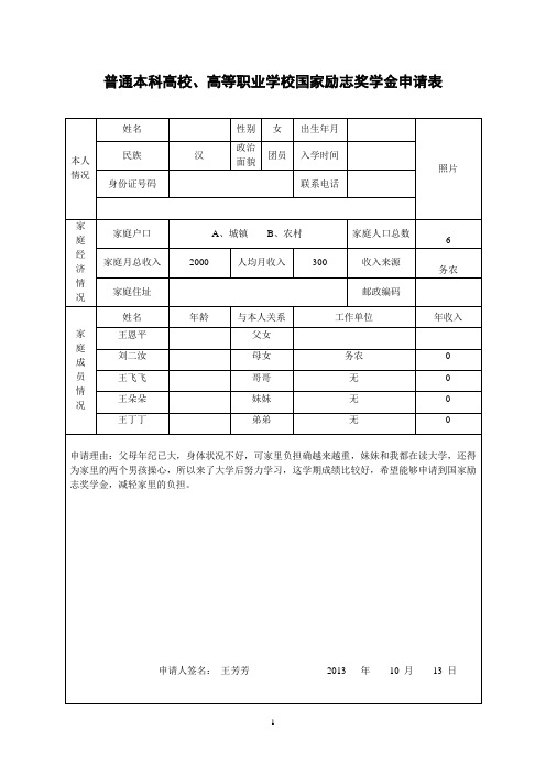 国家励志奖学金审批表王芳芳