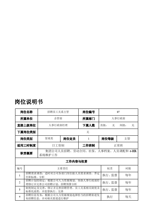 招聘员工关系主管岗位说明书