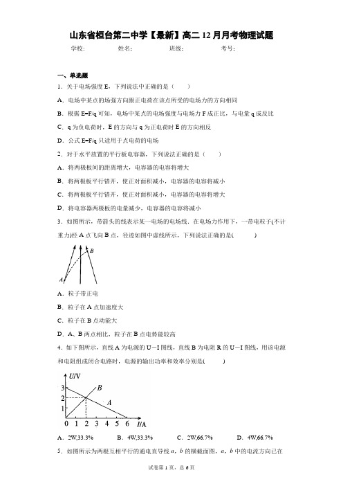 山东省桓台第二中学2020-2021学年高二12月月考物理试题含答案解析