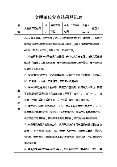 精神文明单位复查结果登记表