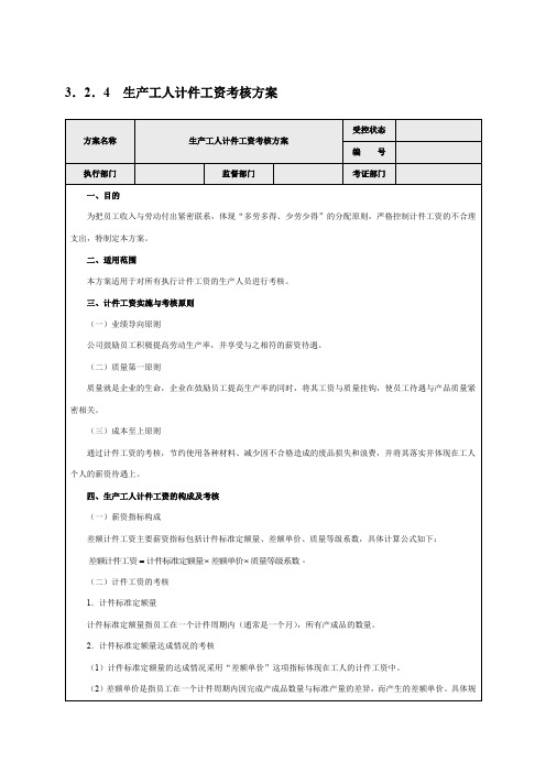 生产工人计件工资考核方案