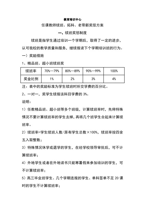 任课教师续班、拓科、老带新奖惩制度