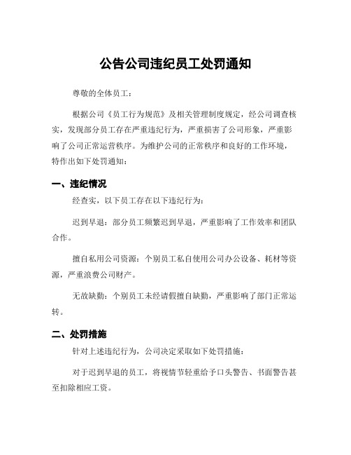 公告公司违纪员工处罚通知