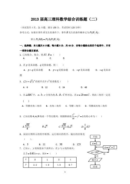 2013届高三理科数学综合训练题二