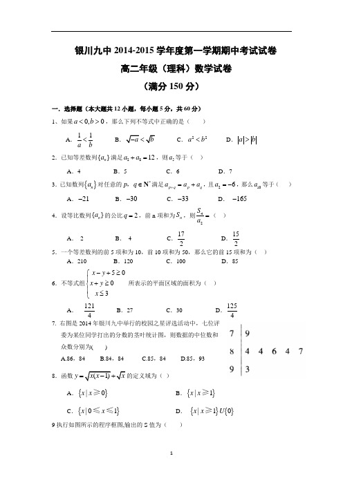 【数学】宁夏银川市第九中学2014-2015学年高二上学期期中考试(理)