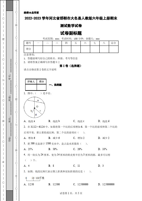 2022-2023学年河北省邯郸市大名县人教版六年级上册期末测试数学试卷