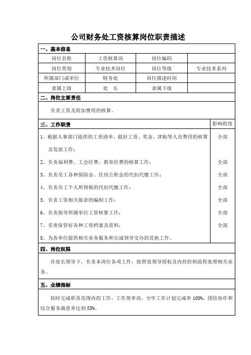 公司财务处工资核算岗位职责描述