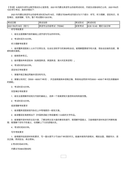 2021年内蒙古英语专业四级考试时间、内容及试卷结构【6月19日】