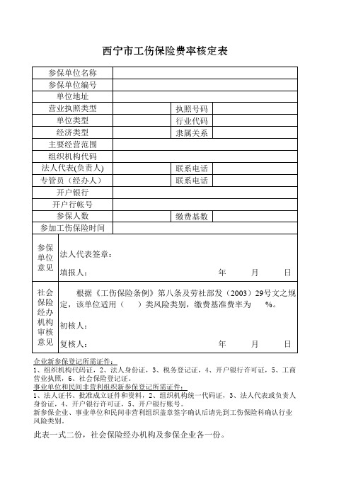 西宁市工伤保险费率核定表 (1)