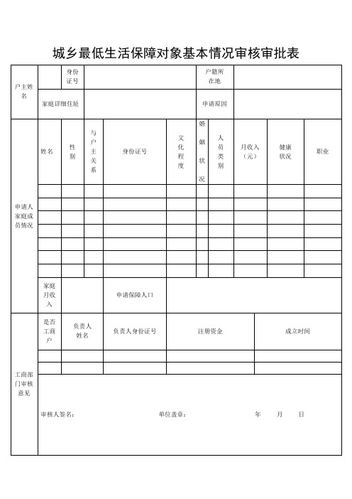 宁夏回族自治区最低生活保障申请审批表