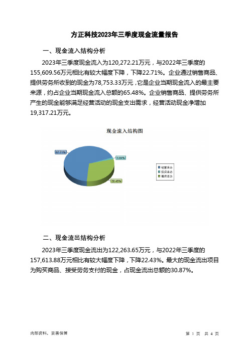 600601方正科技2023年三季度现金流量报告