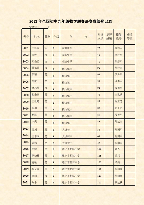 2013年全国初中九年级数学联赛决赛成绩登记表