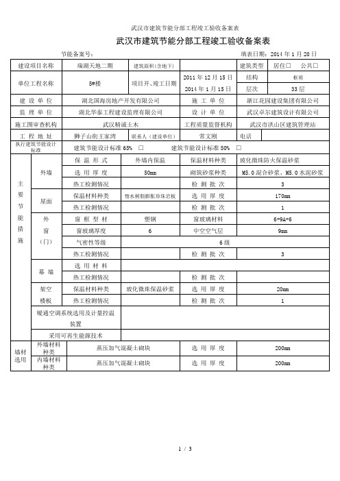 武汉市建筑节能分部工程竣工验收备案表