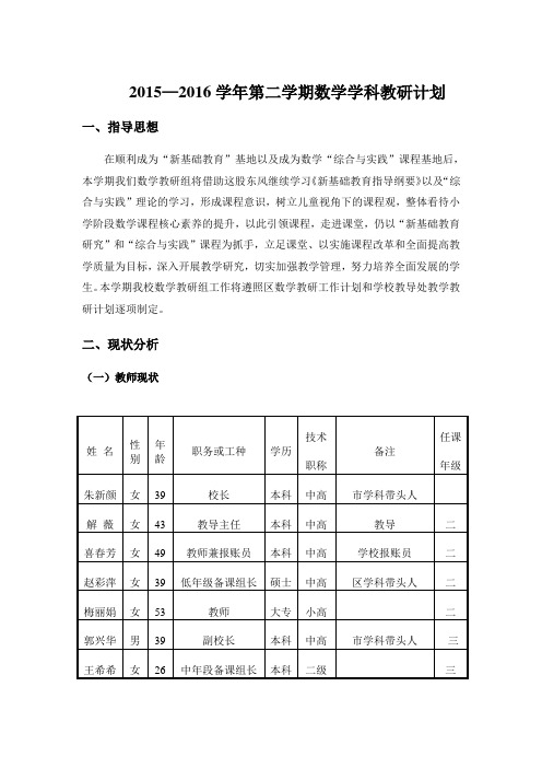 2015—2016学年第二学期数学学科教研计划