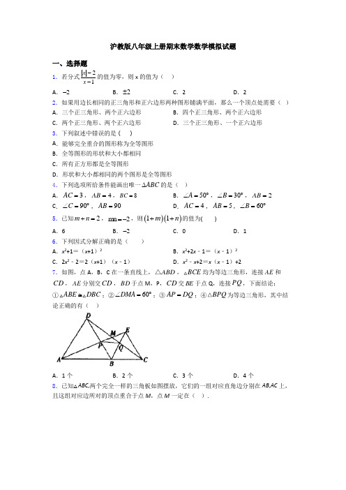 沪教版八年级上册期末数学数学模拟试题