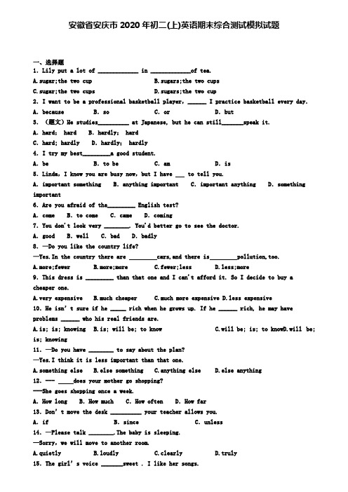 安徽省安庆市2020年初二(上)英语期末综合测试模拟试题