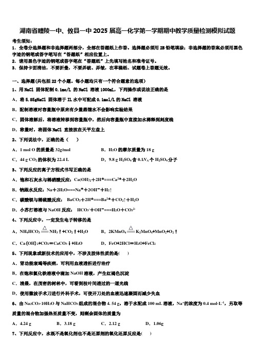 湖南省醴陵一中、攸县一中2025届高一化学第一学期期中教学质量检测模拟试题含解析