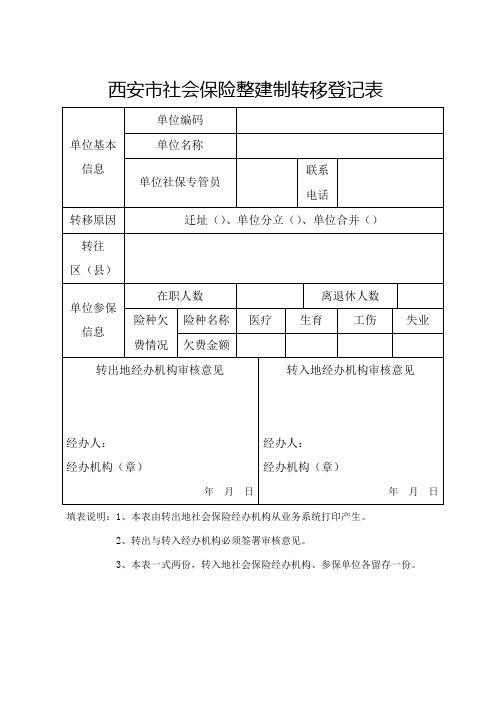 西安市社会保险整建制转移登记表