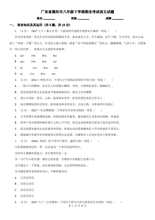 广东省揭阳市八年级下学期期末考试语文试题